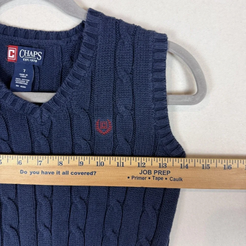 Chaps Sweater Vest Boys 7 Blue Cable Knit V Neck Cotton Preppy School Layering